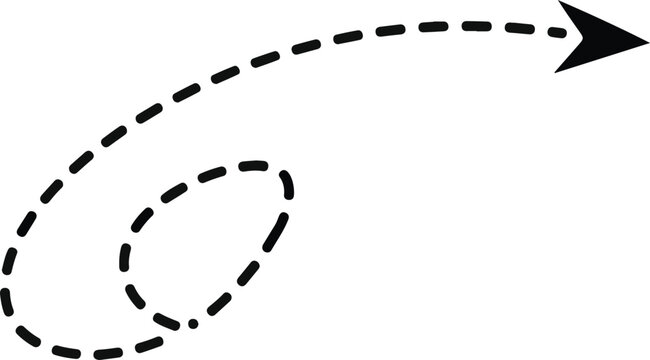 Black dashed arrow with spiral element on white background