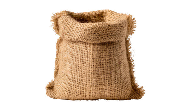 Empty burlap sack with frayed edges, isolated on transparent background