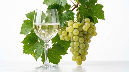 White wine glass with grapes and leaves isolated
