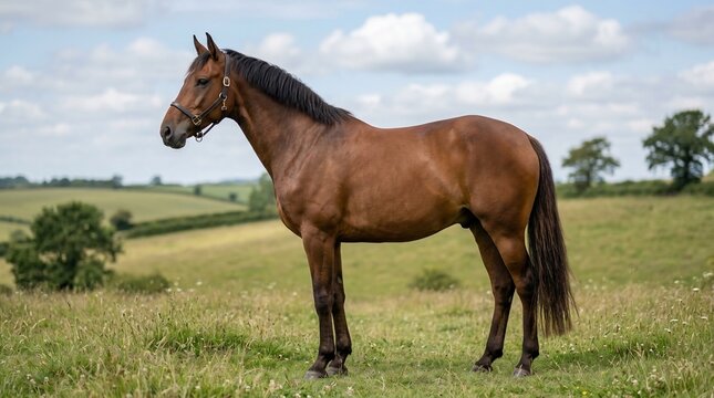 Bay horse standing in green grassy field on sunny day