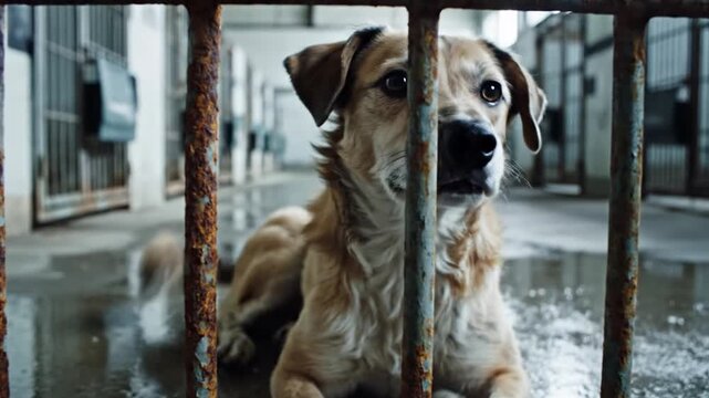 Brown and white mixed breed dog looking through rusty metal bars in wet enclosure