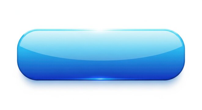 Glossy blue rounded rectangle button on white background with subtle light reflection and shadow