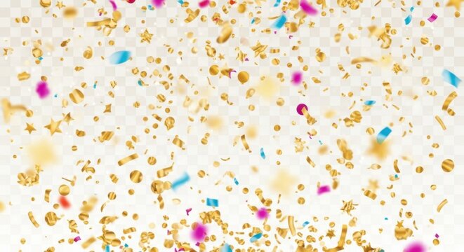 Golden confetti raining down against a bright white background during a celebration