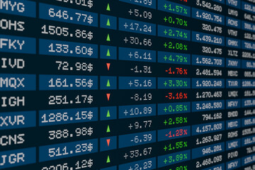 Fototapeta premium Stock market data, spreadsheet with prices, percentage changes and arrows up or down. Business, investment strategy, analyzing data, financial markets, risk, wealth.