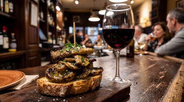 Spanish tapas pincho and Rioja red wine glass on a cozy rustic wooden bar