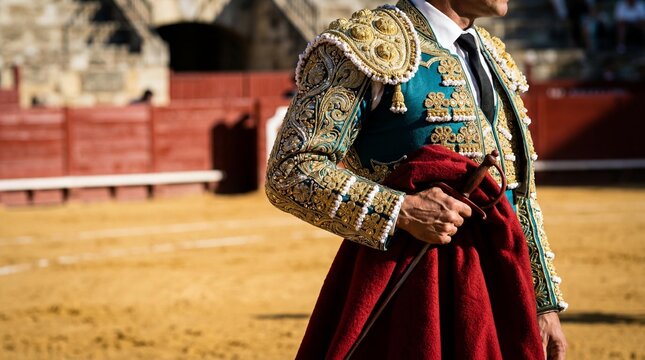 Spanish matador in gold embroidered jacket holding red cape in bullring