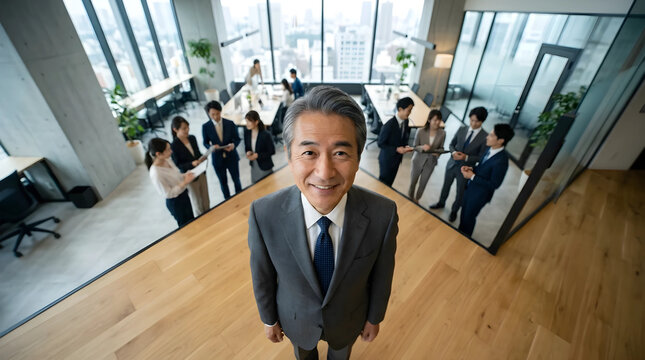チームの成長と成功を温かく見守るベテラン経営者。魚眼レンズのダイナミックな構図と、信頼感溢れる明るいオフィスの広告用素材。
