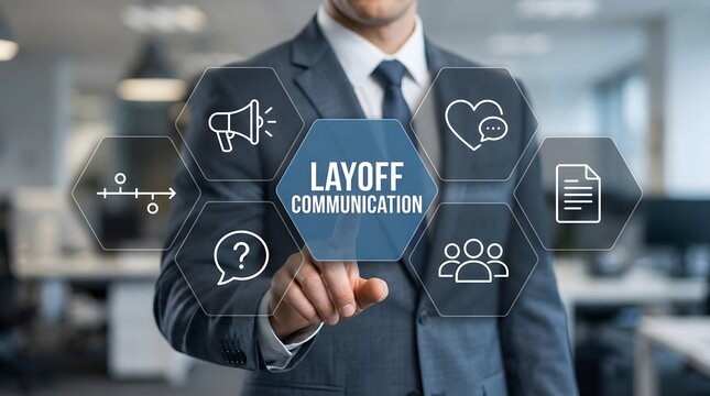 Businessman touches a virtual digital interface button focused on layoff communication to manage corporate staff transitions and professional workforce planning strategies.
