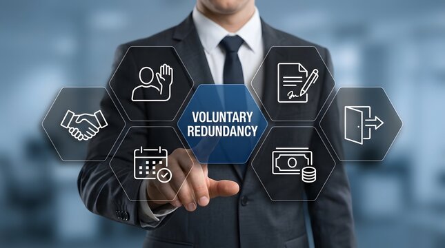 Businessman touches a digital screen displaying voluntary redundancy options to manage corporate staff transitions and financial severance packages for employees.