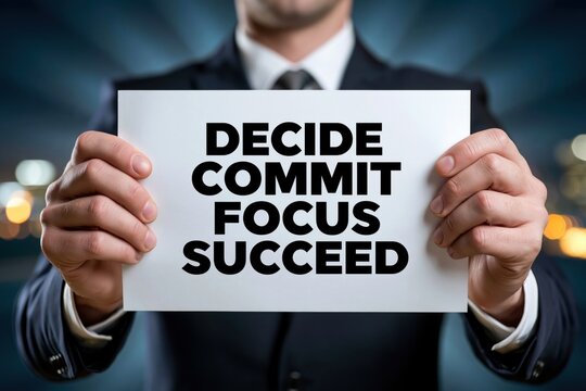 Professional corporate businessman showing a paper sign with decide commit focus succeed