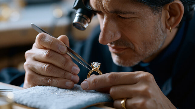 Close-up of a master jeweler's hands setting a faceted stone into a gold ring mount using fine tweezers, magnification loupe in eye, workbench felt cloth below, craftsmanship and luxury goods manufa