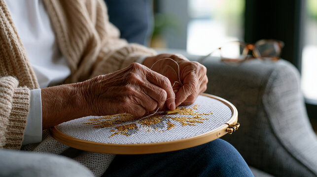 Close-up of elderly male watchmaker's hands using a loupe and precision pin tool to reassemble a mechanical movement on a velvet service pad, fine horological craftsmanship and luxury goods repair i