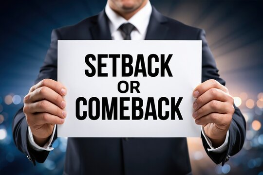 Professional corporate businessman showing a paper sign with setback or comeback