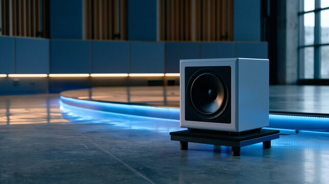 Dark concrete floor of an empty professional recording studio with a single studio monitor on a low stand, acoustic panels lining walls beyond, ambient blue LED strip at base, music production indus