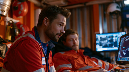 Obraz premium Offshore oil platform medic conducting point-of-care cardiac ultrasound on seated roughneck worker inside industrial first aid station, monitors glowing against steel bulkheads, safety helmets and e