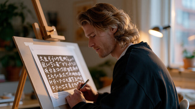Icon grid feature comparison printed on matte presentation board propped on architect's easel in Scandinavian-style studio apartment office corner, solitary freelancer annotating with fine-liner pen