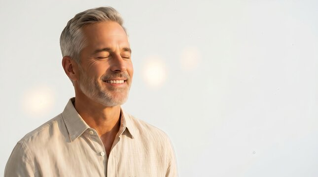 Middleaged man with gray hair smiling with eyes closed