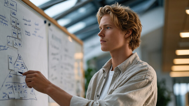 Process in action as young engineer assembles pyramid hierarchy levels diagram using magnetic whiteboard tiles in research facility corridor, overcast dramatic sky visible through clerestory windows