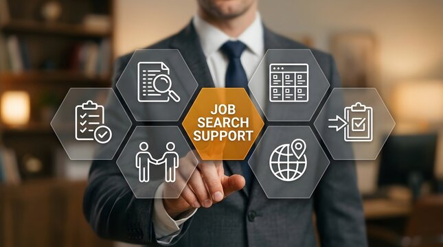 Professional businessman interacts with a glowing digital interface showcasing various icons related to effective job search support and career development opportunities.