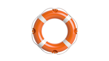 Orange life preserver ring with white stripes and rope, isolated on transparent background © Corotaev