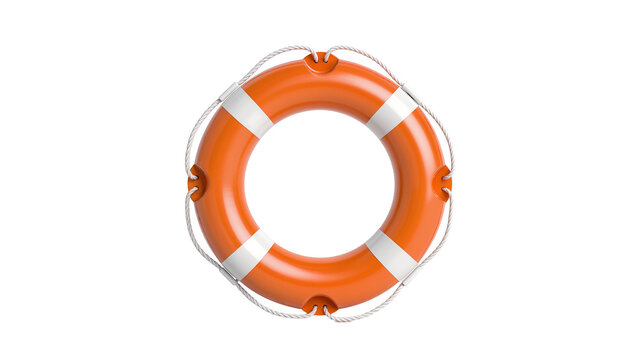 Orange life preserver ring with white stripes and rope, isolated on transparent background