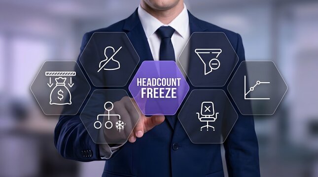 Professional businessman interacts with a digital holographic interface showing a corporate headcount freeze to illustrate modern business management and strategy.