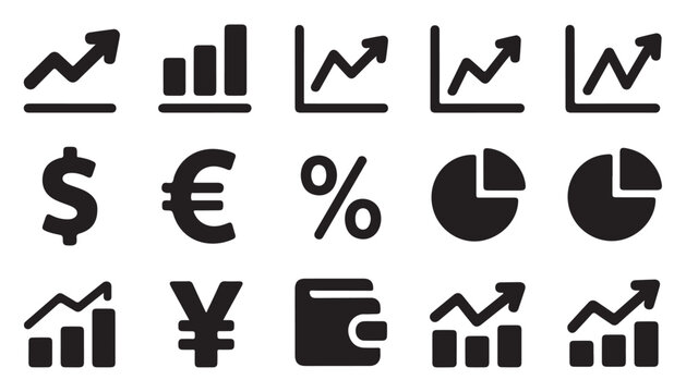 Financial icons including currency symbols, graphs and charts on transparent background.