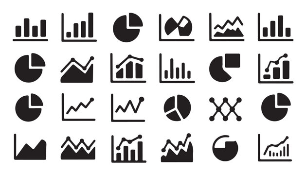 Diverse set of business performance indicators graphs and statistical data chart icons.