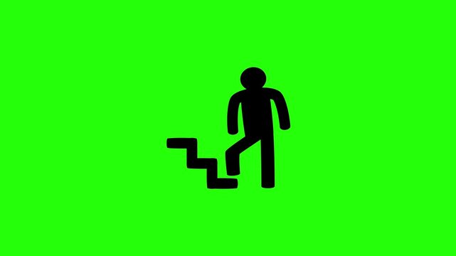 Beautiful 4K motion asset containing a person climbing a public building staircase moving upstairs silhouette bouncing. Clean wayfinding navigation graphic.