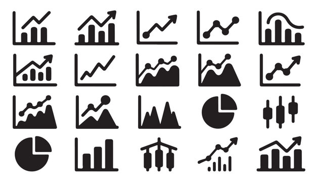 Professional financial chart icons set including line graphs bar charts and trading signals.