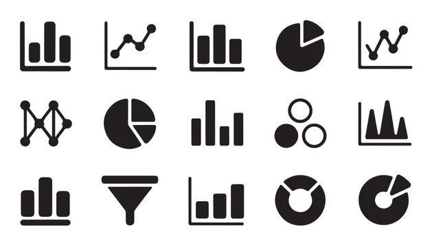 Business data and finance charts set with bar graphs pie charts and line graphs icons.