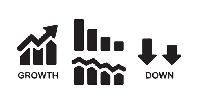 Growth and down trend indicators showing rising bar charts and falling arrow visualizations.