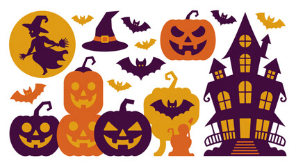 Colorful halloween-themed flat icons set with jack o lanterns and bats Vector © MD OBAYDUL 