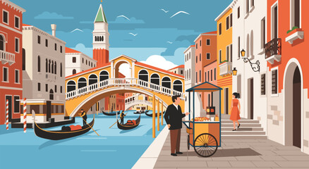 Venice Italy City Canal Vector Illustration Featuring Rialto Bridge and Traditional Gondolas in a Sunny Historic European Travel Destination Scene