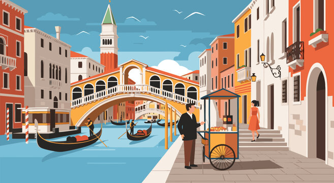 Venice Italy City Canal Vector Illustration Featuring Rialto Bridge and Traditional Gondolas in a Sunny Historic European Travel Destination Scene
