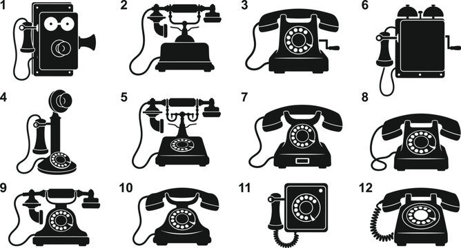 Vintage telephones black silhouettes pack, antique classic rotary dial phone collection