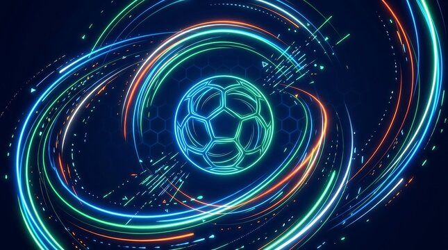 Dynamic Glowing Soccer Ball Surrounded by Radiant Energy Trails and Futuristic Neon Light Orbs in an Abstract Deep Space Digital Background