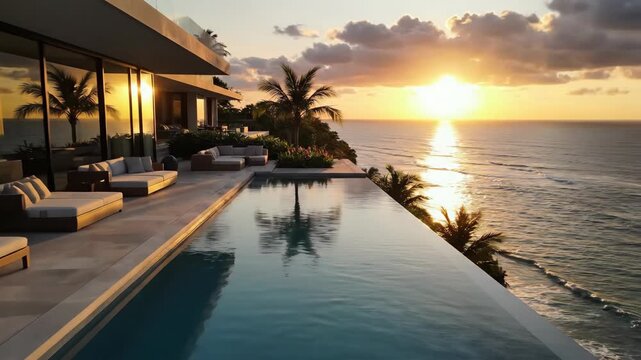 A luxury oceanfront villa with infinity pool overlooks a serene sunset, blending modernity with nature's beauty
