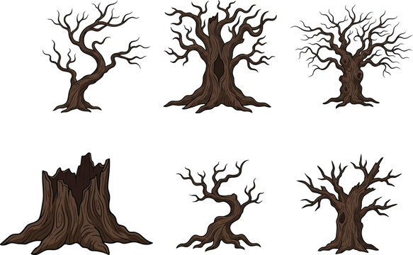 Spooky bare trees and old stump cartoon set, dead winter plants vector illustration on white background