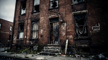 Fototapeta premium Dilapidated Abandoned Brick House with Broken Windows.