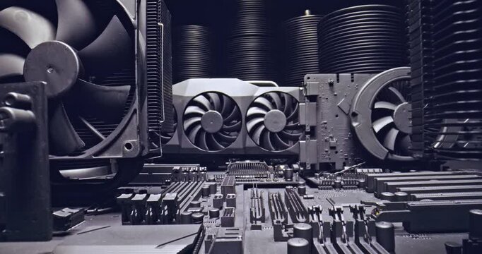 Few motherboards holding CPU, GPU and cooling fans. 