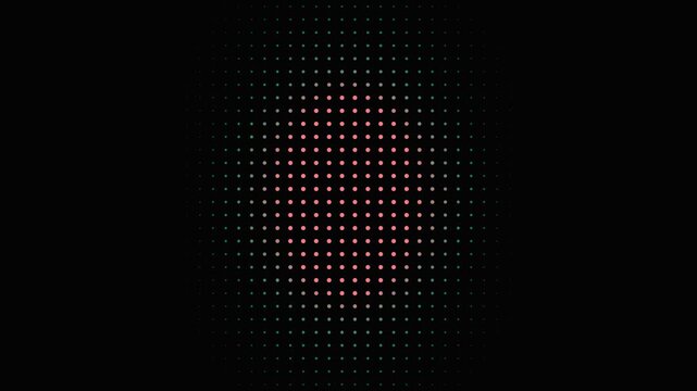 Abstract green and red halftone dot grid pattern on black
