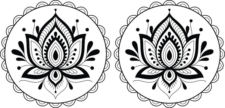 Black and white lotus mandala design with floral pattern