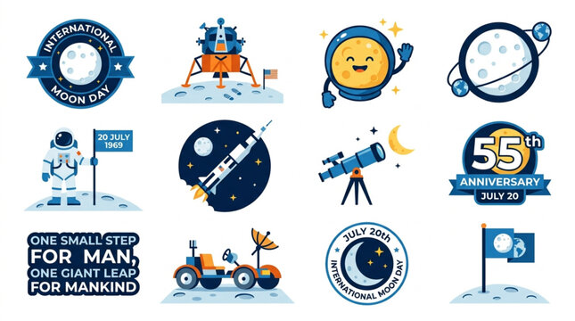 International Moon Day Banner Vector Illustration, Moon Surface Background for Space Exploration Anniversary and July 20th Lunar Landing Celebration