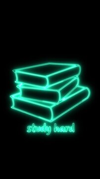 A stack of books with a neon green glow reads study hard on black