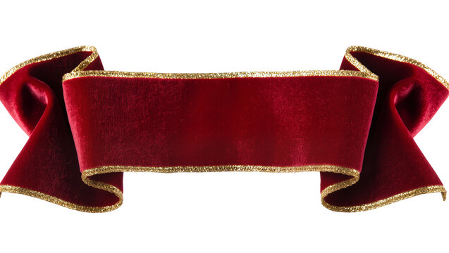 Luxurious red velvet ribbon with gold trim, isolated on transparent background