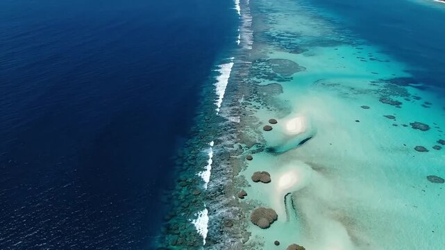 Serene aerial view of a vibrant coral reef meeting the deep blue ocean under sunlight.