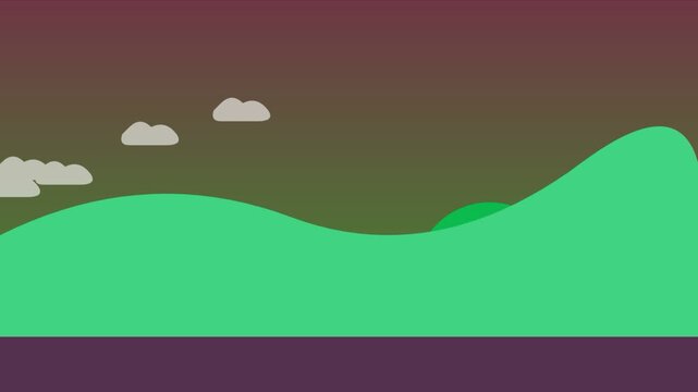 Animated motion graphics of rolling hills with changing sunset colors and clouds.