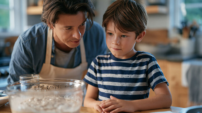 Child watching father culture wild yeast in mason jar at kitchen counter, fascinated expression at bubbling starter, handwritten label with date, modest apartment kitchen setting, back-to-school wee