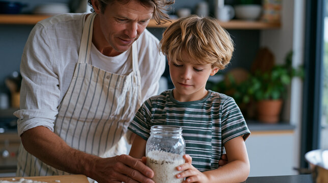 Child watching father culture wild yeast in mason jar at kitchen counter, fascinated expression at bubbling starter, handwritten label with date, modest apartment kitchen setting, back-to-school wee
